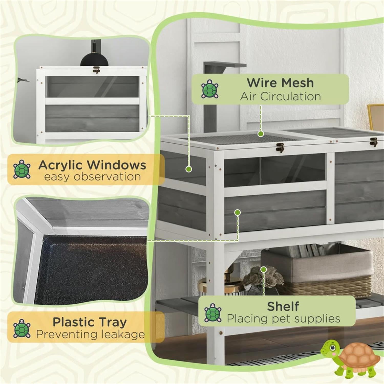 resenkos 40.5" Wooden Tortoise House with Lamp Holder, Shelf Storage, Reptile Cage Enclosure for Turtles, Lizards, Snakes, Small Animal Habitats, Light Gray