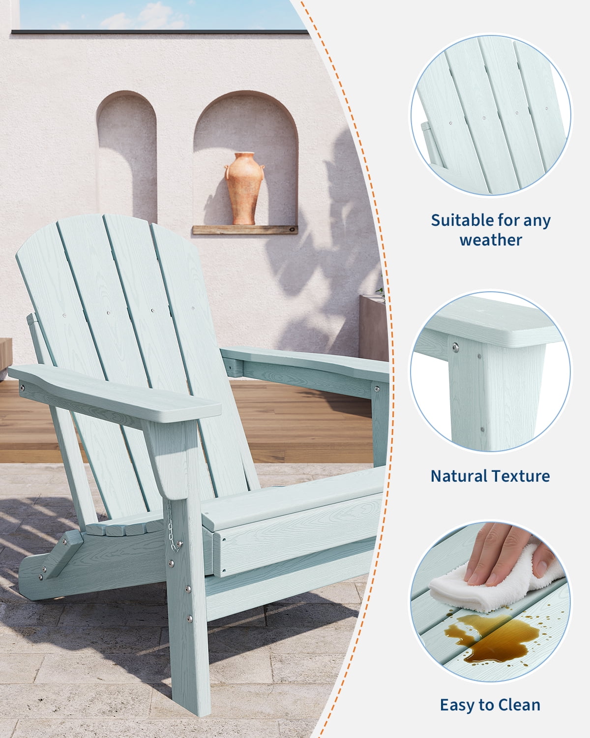 Adirondack Chair Folding, HDPE Outdoor Patio Chair with Cup Holder, All-Weather Deck Chair, Heavy Duty 380 lbs Capacity for Backyard, Fire Pit, Poolside Seating