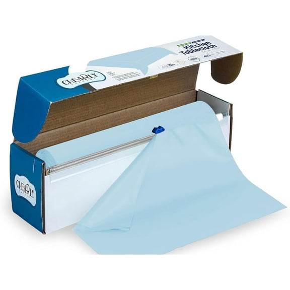 Clearly Elegant Light Blue Disposable Plastic Tablecloth Roll with Self-Cutter, 52inx1181in