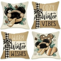 Warm Winter Wishes Decorative Throw Pillow Covers 18 x 18 Set of 4, Cozy Vibes Cartoon Mouse Pine Needle Farmhouse Outdoor Pillowcase, Seasonal Christmas Holiday Cushion Case Home Decor