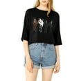 thumbnail image 2 of INSPIRE CHIC Woman's Drop Shoulder 3/4 Sleeves Horse Print Loose Tops M Black, 2 of 6
