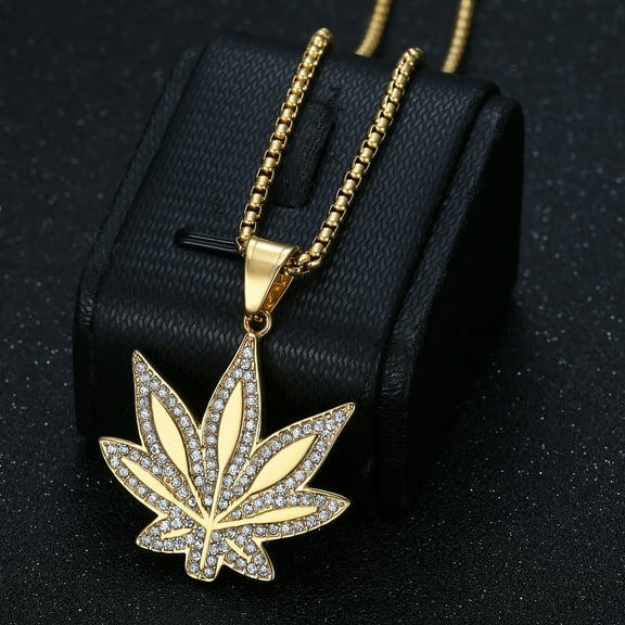 Rhinestone Weed 14K Yellow Gold Pendant Necklace Maple Leaf NecklacesGolden Silver Color Chains for Women men Male Steampunk Jewelry