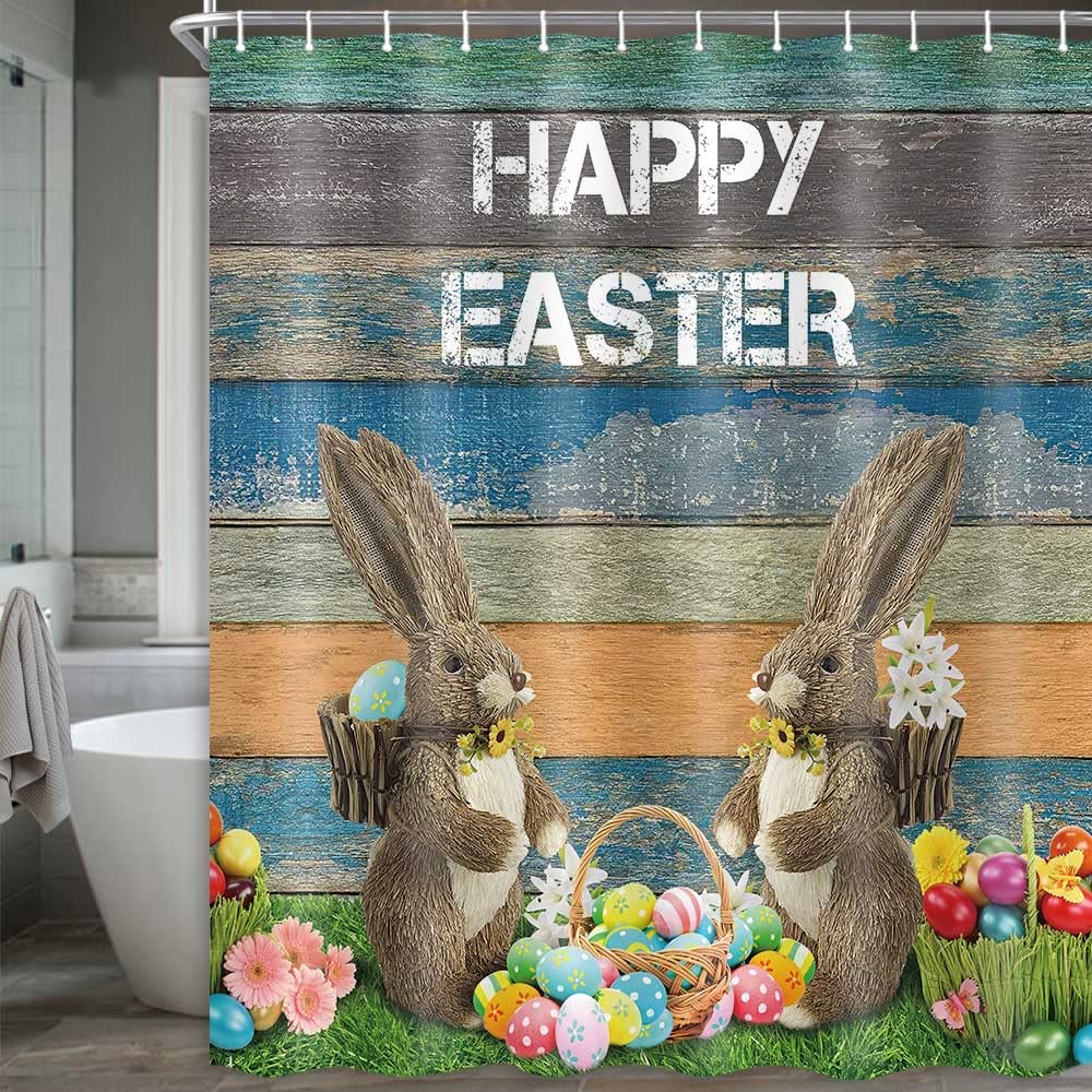JOOCAR Easter Shower Curtain, Rustic Vintage Wood Plank Natural Bunny
