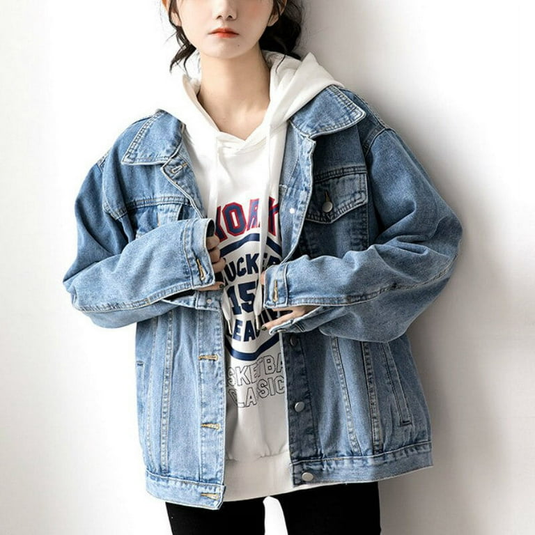 DanceeMangoo Korean Autumn Fashion Women Denim Coat Loose Long Sleeve  Zipper Harajuku Streetwear Pocket Blue Modis Jeans Jacket
