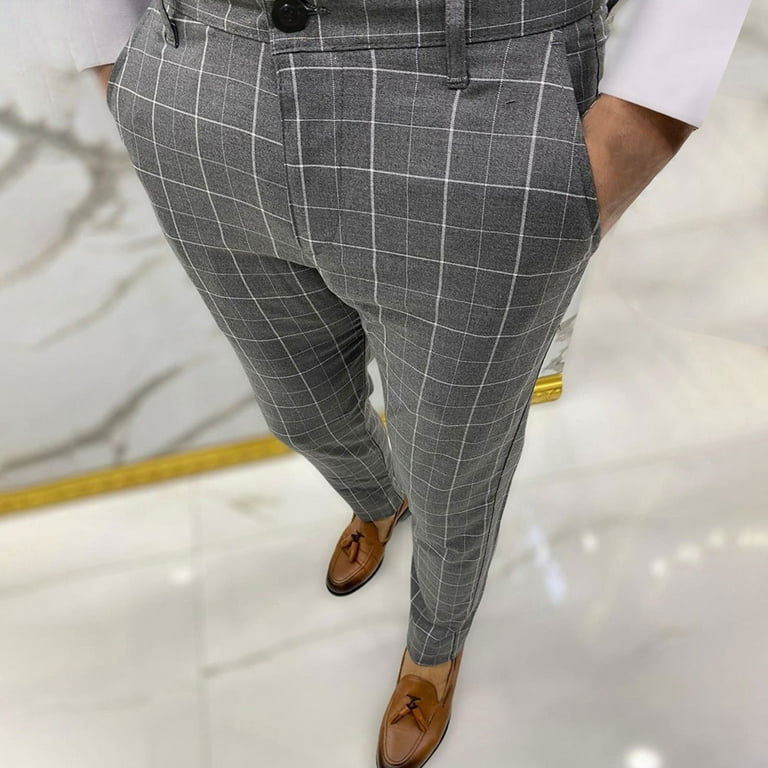 Men Plaid Pants Casual Business Formal Slim Fit Work Trousers