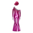 thumbnail image 4 of RUNQHUI Kids Girls Metallic Ruffle Flared Jumpsuit with Hat Set Fringed Performance Disco Dance Outfit Hot Pink 12, 4 of 6