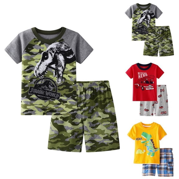 RTKFRFLM Boys' 2-Piece Summer Outfit Set Cartoon Dinosaur Crocodile Graphic Short Sleeve T-Shirt and Classic Plaid Shorts Fashionable Casual Toddler Clothing Set for Play & Travel Size 2T-8