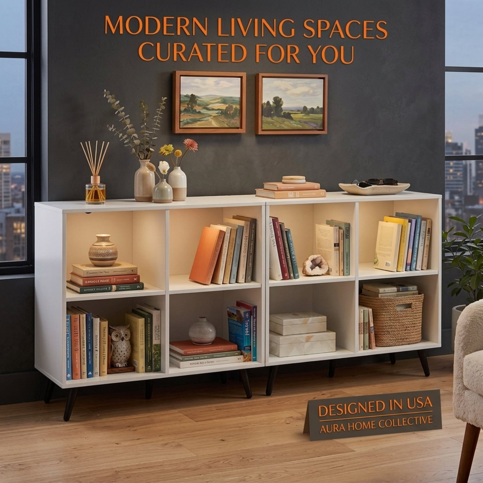 Furnibear 4 Cube Wooden Bookshelf Bookcase Desk with 5 Metal Legs and Enclosed Back for Home Office Living Room Storage, White