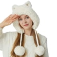 thumbnail image 2 of Womens Plush and Thick Knit Hat Cute Cat Ears Three Hair Ball Fashion Wool Hat Warm Hat Bomber Hats White, 2 of 4