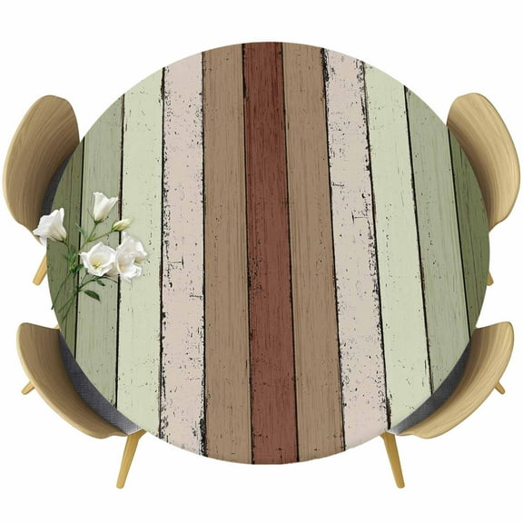 Sage Green Round Tablecloth 55-60 Inch Round Fitted Table Cloth with Elastic Edge, Farmhouse Wood Grain Vintage Brown Striped Waterproof Table Cover Protector for Outdoor Picnic Party Dining