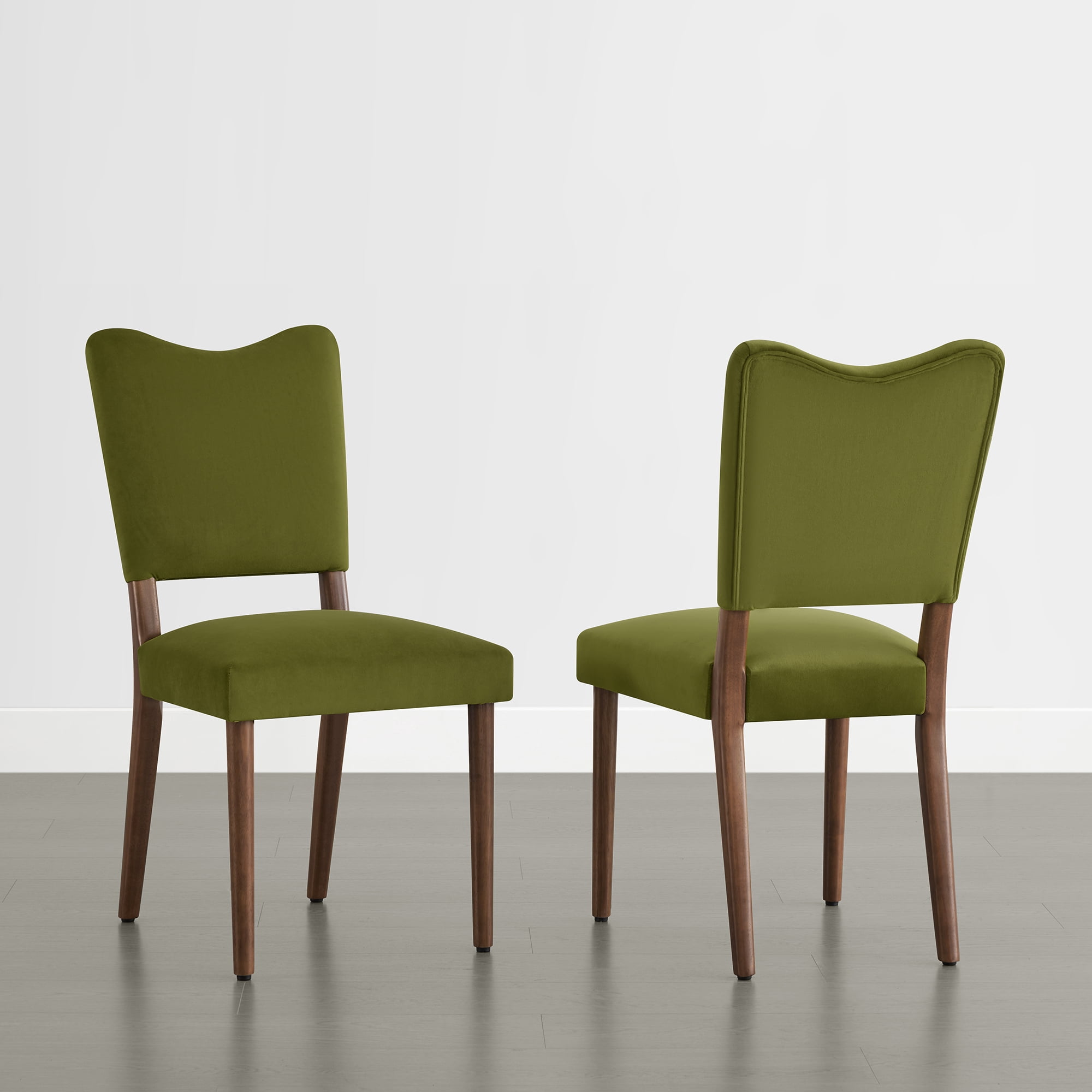 Spruce & Spring Velvet Dining Chair with Curved Back, Upholstered Side Chair with Solid Wood Legs for Dining Room Living Room, Walnut Finish, Set of 2, Green