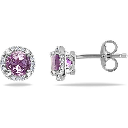 4/5 Carat T.G.W. Round Cut Amethyst and Diamond Accent Sterling Silver Stud Earrings