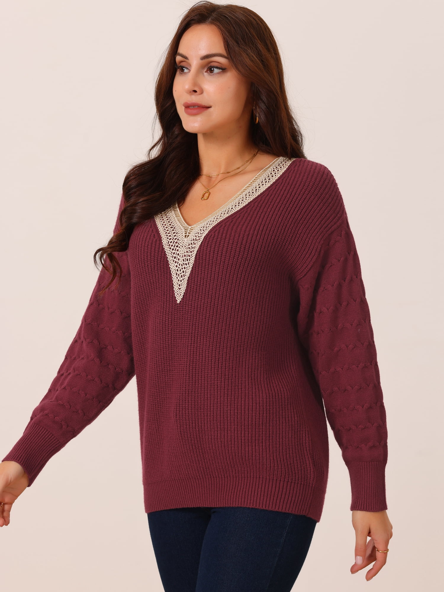 DARING DIVA Long Sleeve Lace V Neck Pullover Sweater Jumper Top S Wine Red
