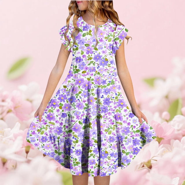 Zpanxa Robes d'Été pour Filles Manches Courtes Volantées Col Rond Imprimé Floral Taille Poche Robe Superposée Polyester Spandex Multicolore 10-11 Ans