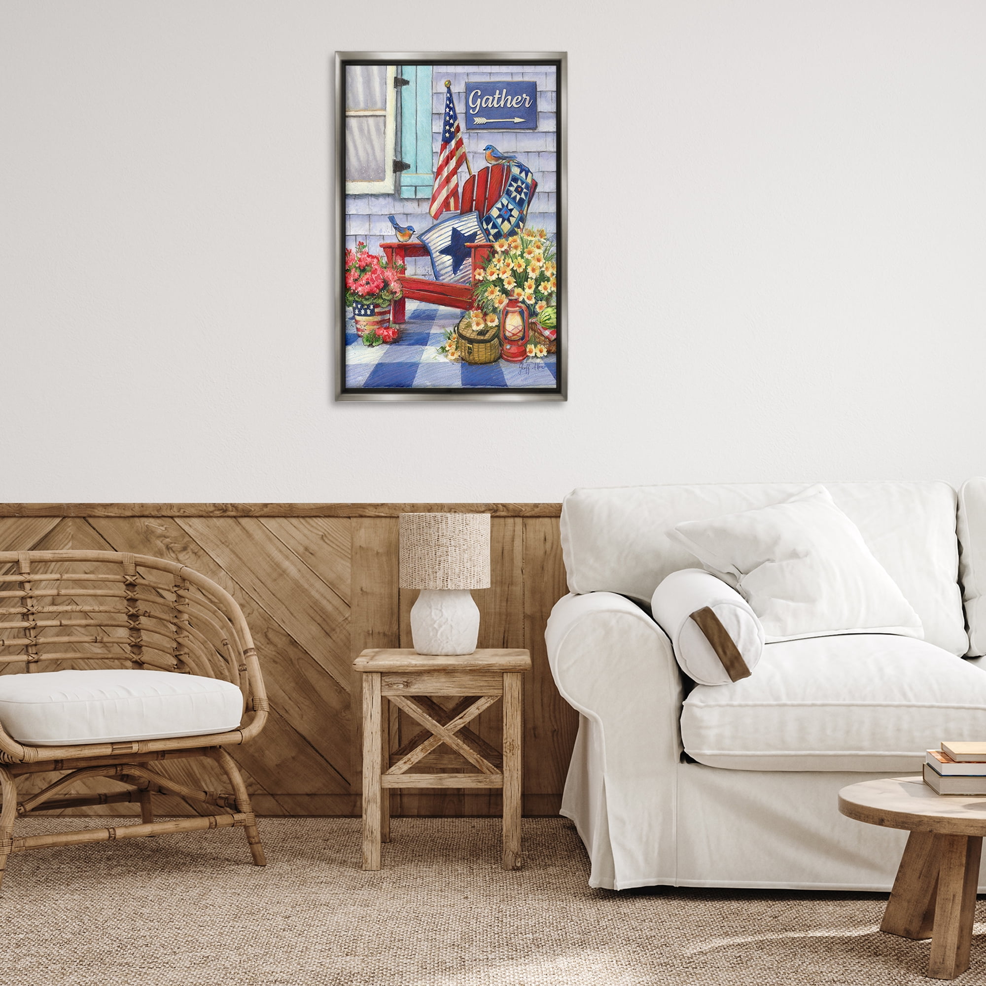 Stupell Industries Patriotic Porch View Patriotic Painting Gray Floater Framed Canvas Art Print Wall Art, 21 x 31