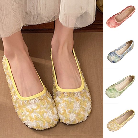 Dress Shoes for Women Round Closed Toe Flats Shoes Floral Lace Ballet Flats Dressy Comfortable Foldable Flats Low Heel Slip on Shoes Yellow