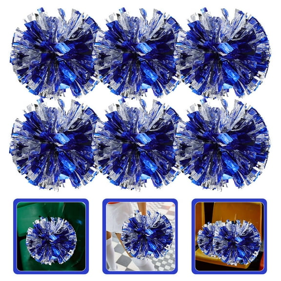 PAMINGONO 6Pcs Blue Silver Round Plastic Cheerleading Pompoms For Sports Competitions And Dance Events