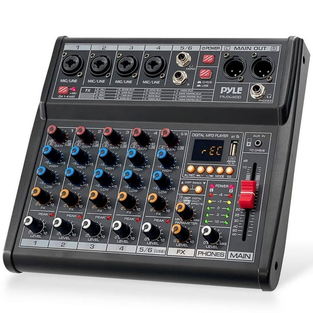 Pyle Mezclador de audio profesional Bluetooth para DJ - Mezclador de sonido con controlador de DJ de 6 canales con DSP 16 efectos preestablecidos, interfaz USB, 4 entradas XLR de micrófono/línea, AUX,