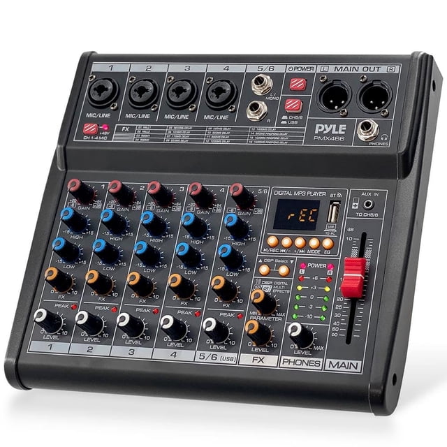Pyle Mezclador de audio profesional Bluetooth para DJ - Mezclador de sonido con controlador de DJ de 6 canales con DSP 16 efectos preestablecidos, interfaz USB, 4 entradas XLR de micrófono/línea, AUX,