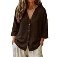 thumbnail image 5 of Only Moment Womens Tops 3/4 Sleeve V Neck Linen with Button Cuffs Dressy Casual Summer Outfits Early Fall Fashion Spring Clothes Coffee,XL, 5 of 7