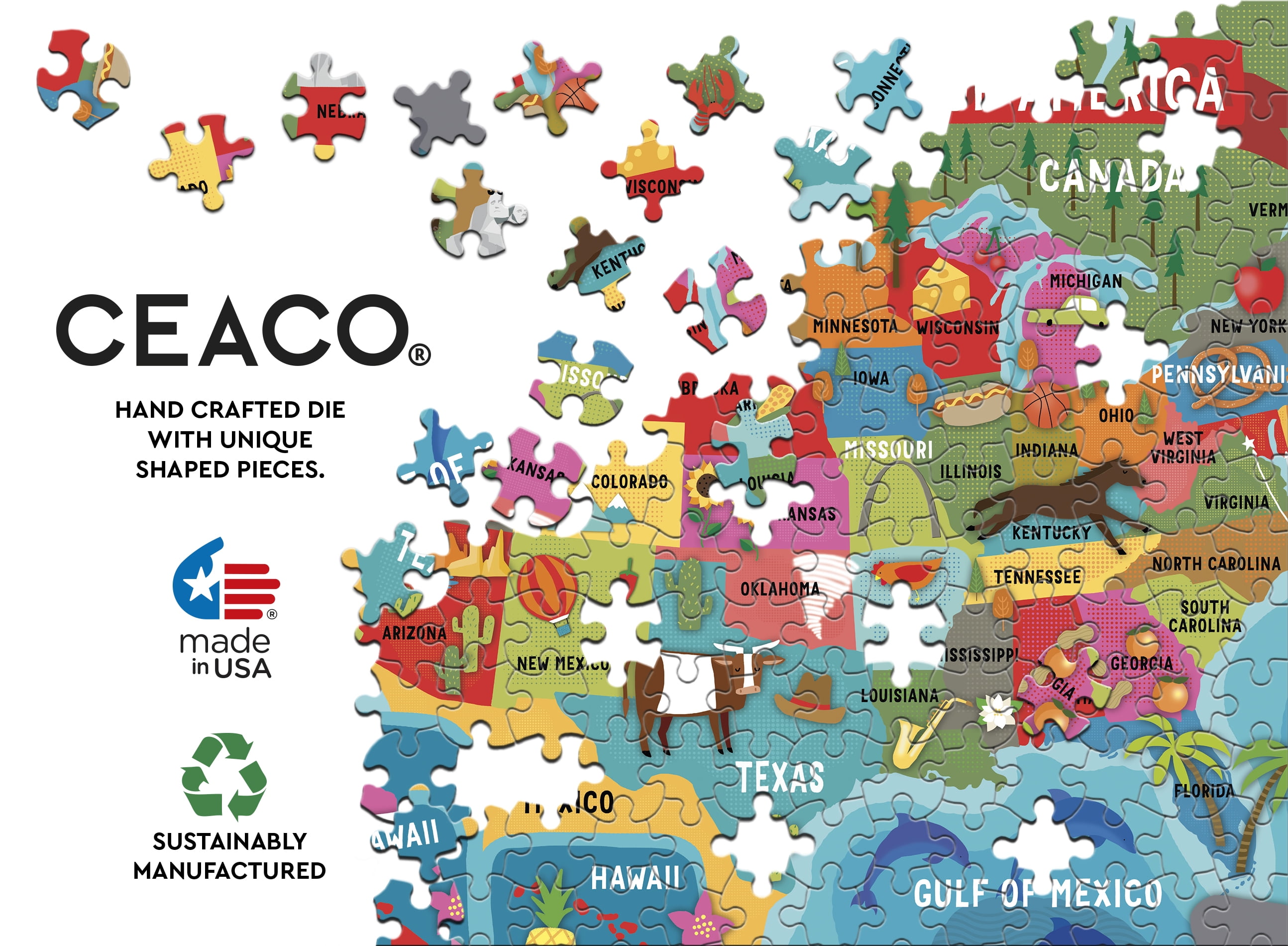 Ceaco - Kids Puzzles - Charlotte Pepper - USA Map - 100 Piece Interlocking Jigsaw Puzzle