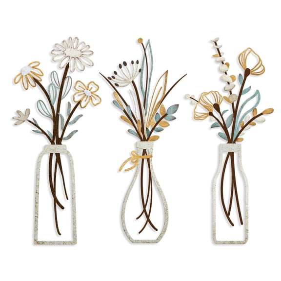 3 Pieces Metal Flowers Wall Arts - Rustic Farmhouse Decor Black Minimalist Flower Wall Decors for Living room Bathroom Bedroom Dining Room - Housewarming Gifts