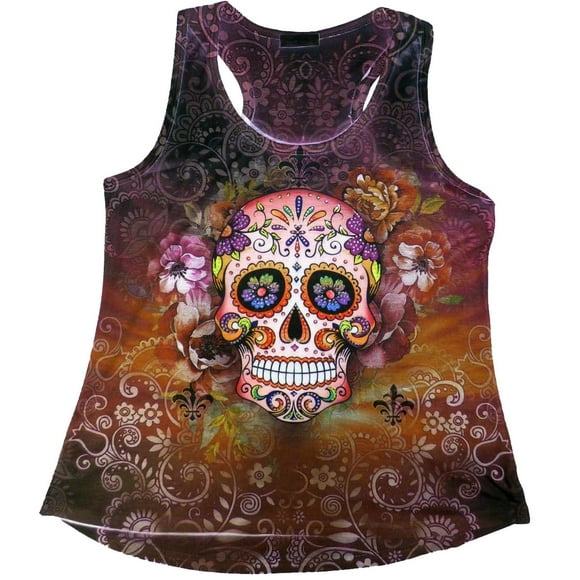 Sweet Gisele Made in USA Sugar Skull Shirts for Women Yoga Racerback Muscle Tank Top Tee Beautiful Print Decorated with Rhinestones