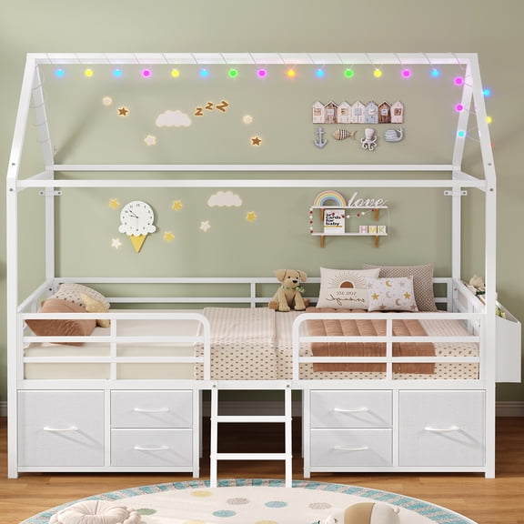 Afuhokles Twin Size Bed Frame with 6 Drawers,House Bed with Globe String Lights Plug in, White