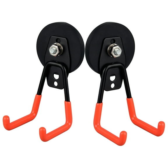 MUTUACTOR Heavy Duty Large Garage Magnet Hooks, 2 Pack Strong Storage Utility Magnetic Hooks with Anti-Slip Coating for Indoor & Outdoor Hanging (Orange)