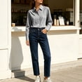 thumbnail image 5 of BCSIOAOI Womens Tops,Collared Gingham Plaid Button Long Sleeve Slim Fit Casual Shirts Black L, 5 of 6