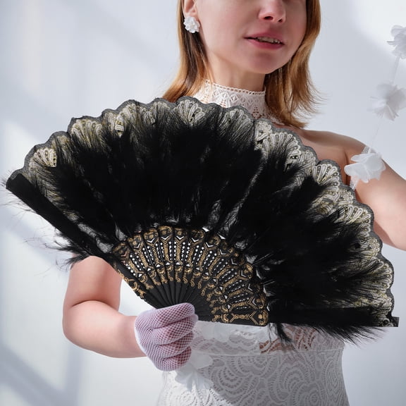 LEORX Black Vintage Plume Hand Fan for Wedding Decorative Handheld Fan with PP Material