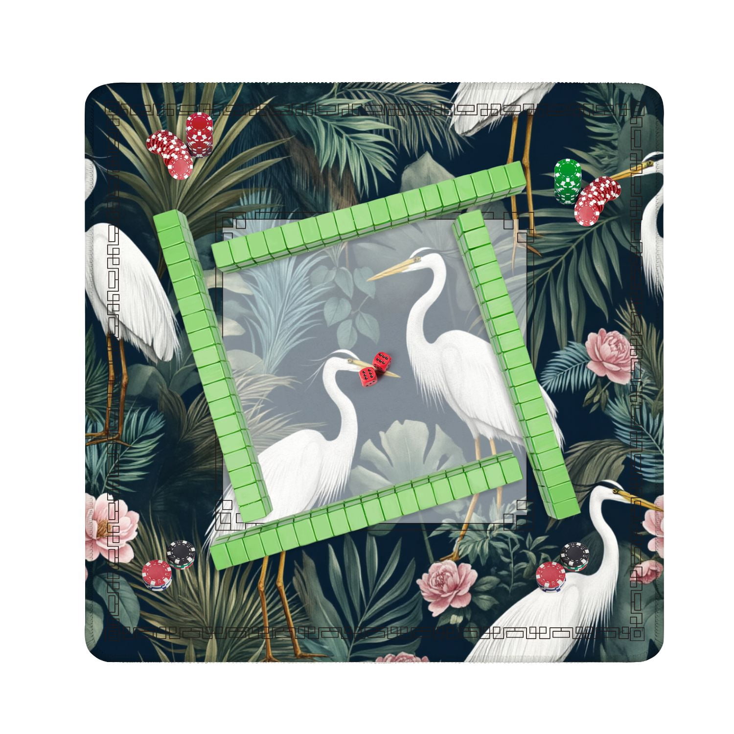 Mahjong Mat 31.5" x 31.5" Seamless chinoiserie style herons birds peonies Non-Slip Noise Reduction American Mahjong Tiles Table Cover for Dominoes Poker Card Board Games Gift