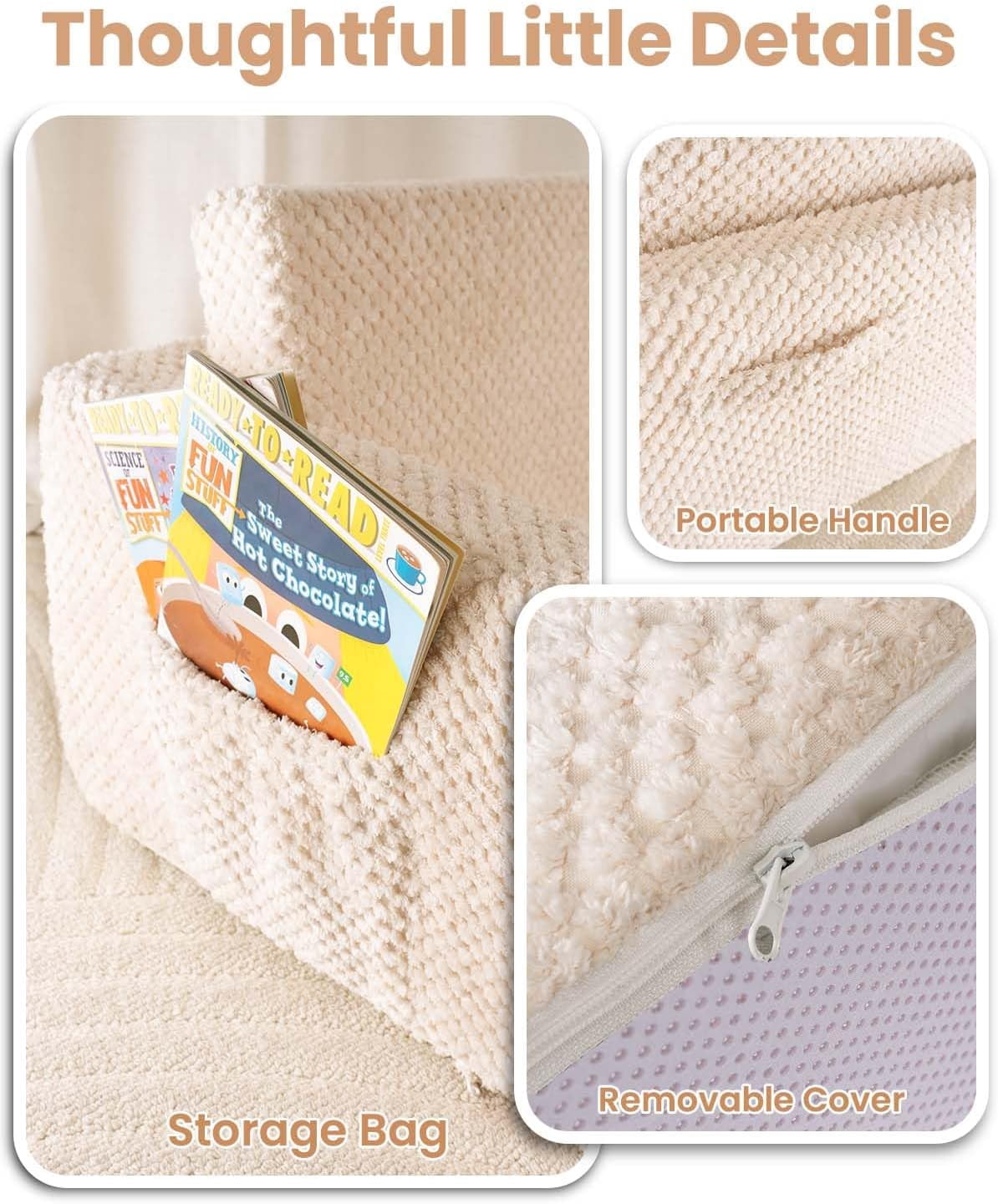 Beavtaens Foldable Toddler Couch with Soft Sherpa Cover, 2-in-1 Comfy Toddler Sofa & Lounger for 1-3 Years Old Girls Boys, Kids Chair with Pockets & Handle for Reading, Playroom, Beige