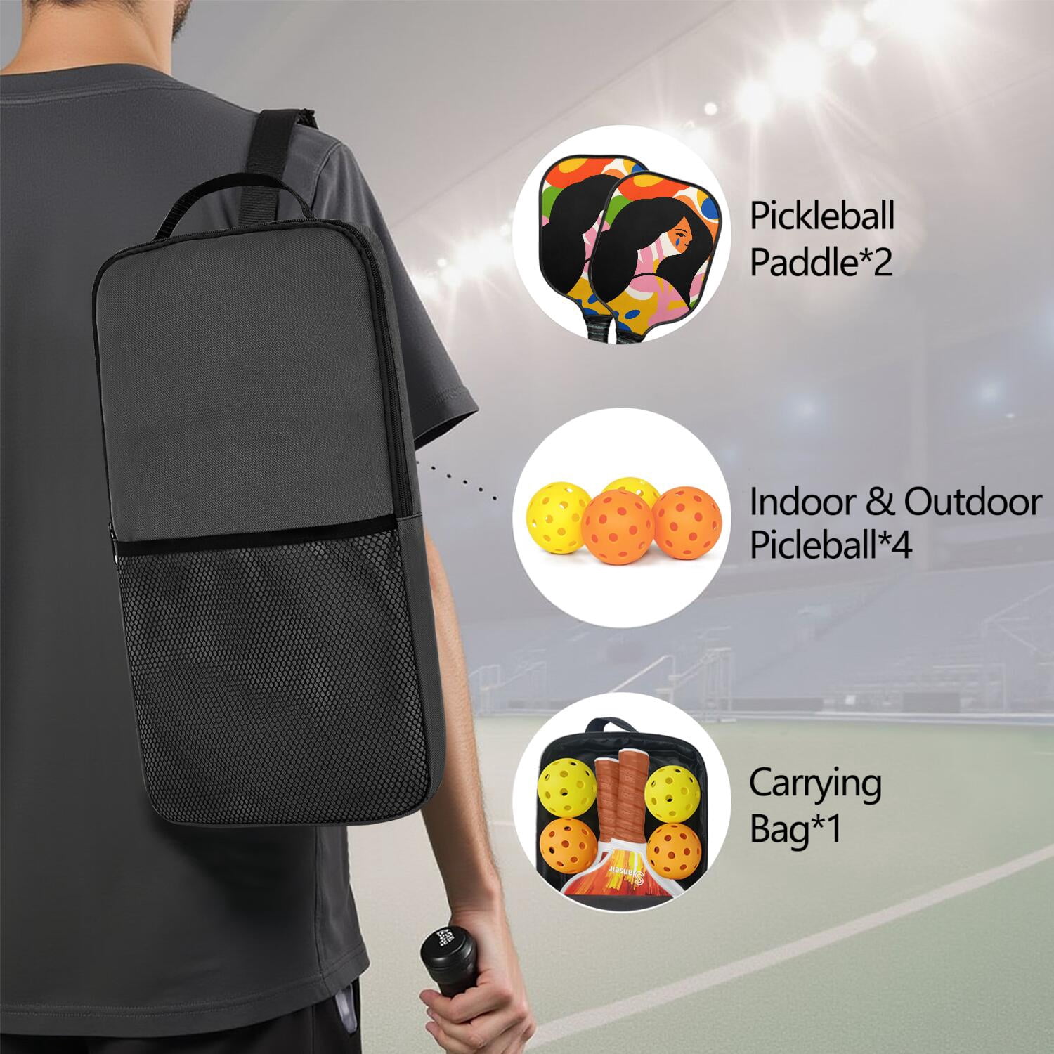 Pickleball Paddles Set Of 2, Fiberglass Surface, Tropical Jungle Print, 4 Balls & Bag