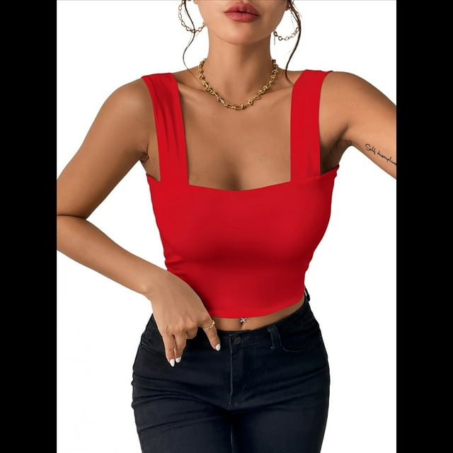 Top Corto Sexy Sin Mangas Ajustado con Tirantes Básicos para Mujer 2025 Rojo M
