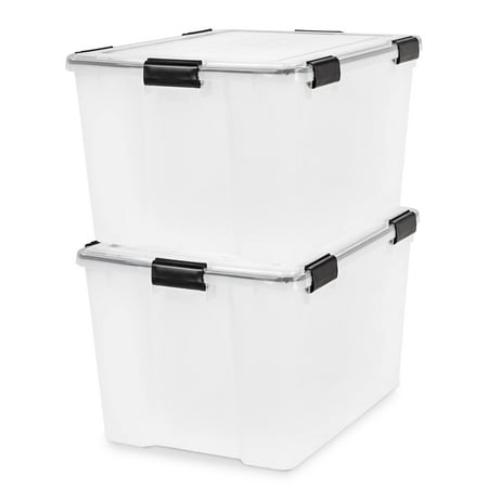 USA WeatherPro 74 Qt Storage Bins with Lids, 2 Pack, BPA-Free Plastic Gasket Box with Tight Latch and Seal, Stackable Nestable Tote Tub - Clear/Black
