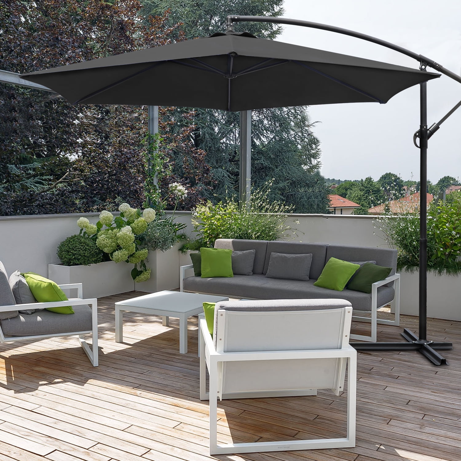 Devoko 10 Ft Patio Offset Cantilever Umbrella Outdoor Market Hanging Umbrellas with Crank & Cross Base, Black