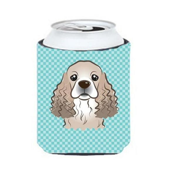 Checkerboard Blue Cocker Spaniel Can Or Bottle Hugger, 12 Oz.