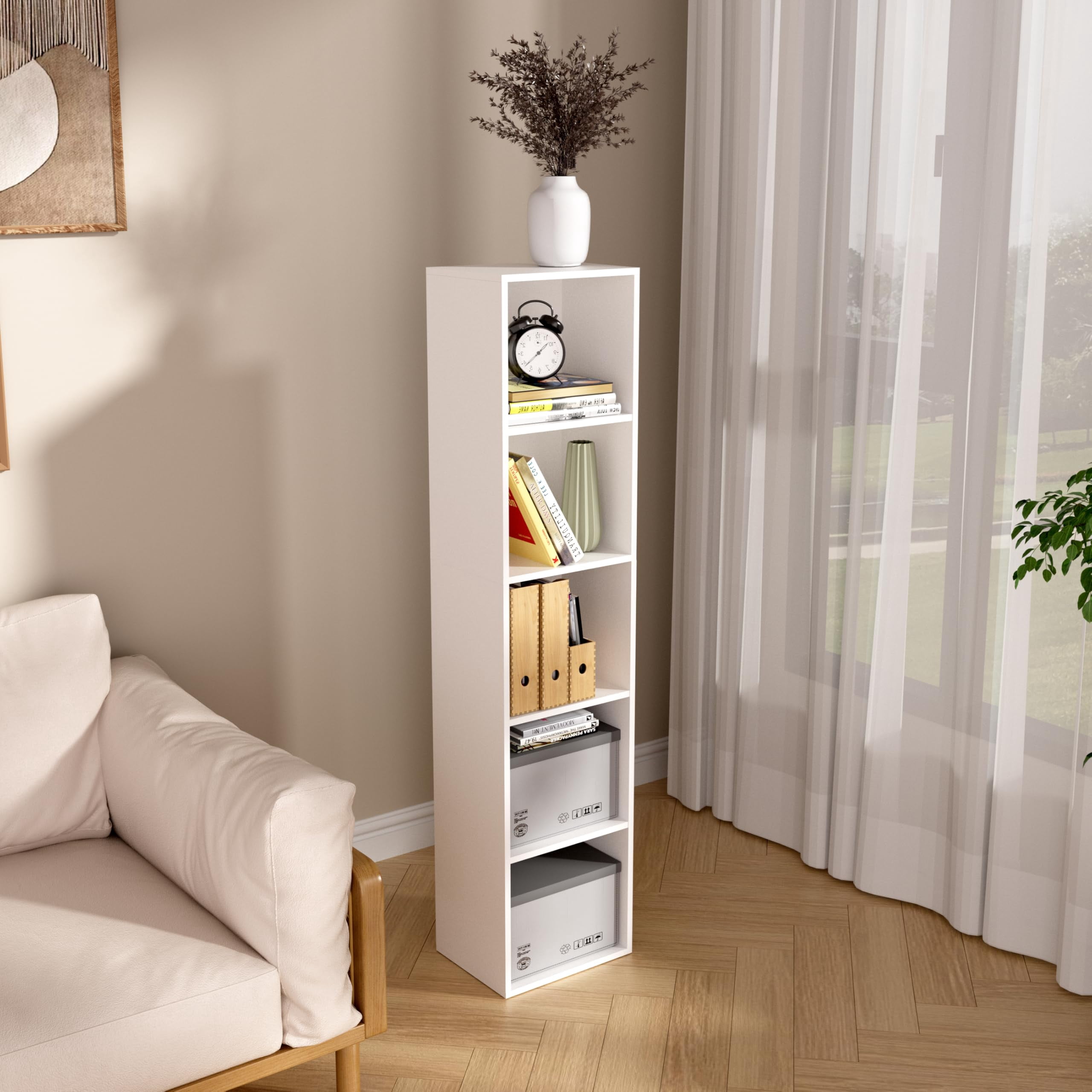 VAFHYLLIS 5 Cube Storage Organizer, 5 Tier Cube Low Bookcase Freestanding Storage Display Organizer, Five-Cubes Open Shelf Bookshelf for Home Office White, 5-Cube