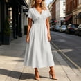 thumbnail image 5 of Nxznwn Women's Summer Short Sleeve Long Dresses Casual Wrap V-Neck Smocked Elastic Waist A-Line Flowy Party Dress, 5 of 9