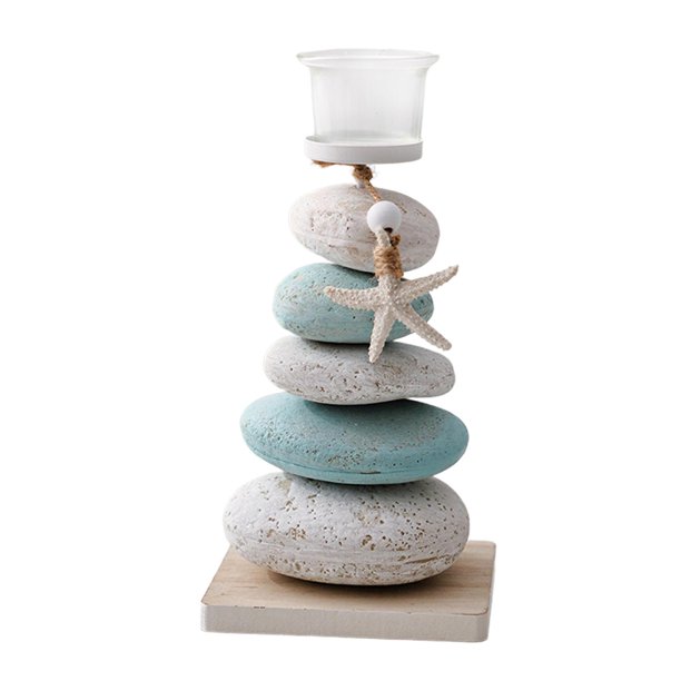 Candelabro de piedra náutica para centro de mesa, soporte para velas de pilar de playa Verde Blanco