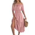 thumbnail image 2 of Women'S Summer Short Sleeves Ruffled Off Shoulder A-Line Midi Dresses Pink L, 2 of 10