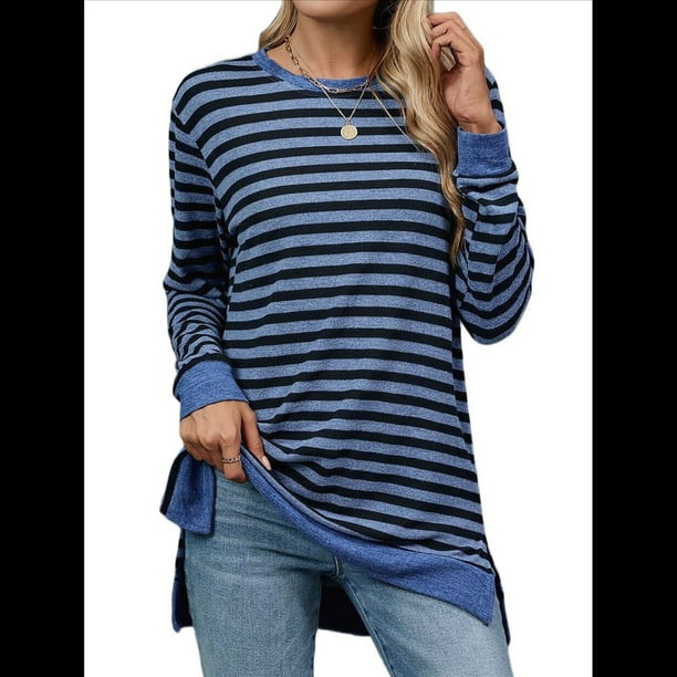 Camisa Informal de Larga A Rayas para Mujer, , con Cuello Redondo, Ajustada, Holgada, Básica Azul Negro XXL