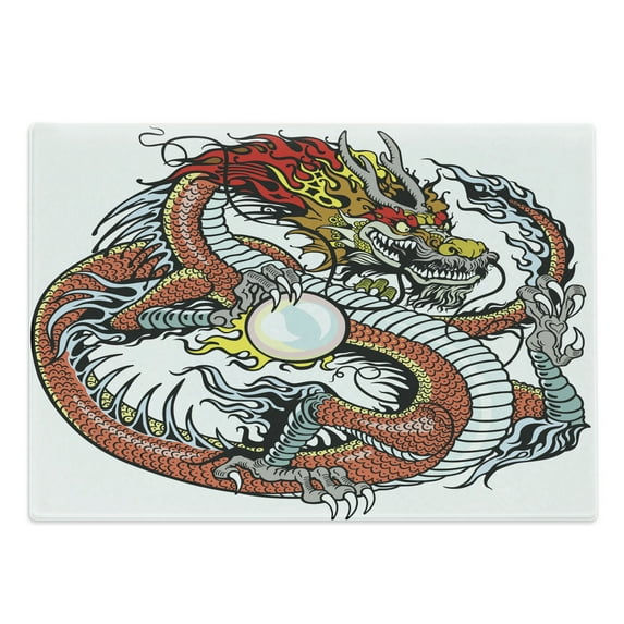 Dragon Cutting Board, Traditional Chinese Creature Holding a Large Pearl Zodiac Signs Folk Tattoo Graphic, Decorative Tempered Glass Cutting and Serving Board, Large Size, Multicolor, by Ambesonne