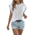 thumbnail image 3 of Women Cap Sleeve Tops Summer Crew Neck Shirt Crochet Knit Sweater White XL, 3 of 9