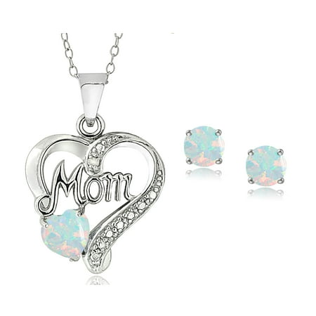 Glitzy Rocks Sterling Silver Created Opal & Diamond Accent Heart MOM Necklace and Earrings Set