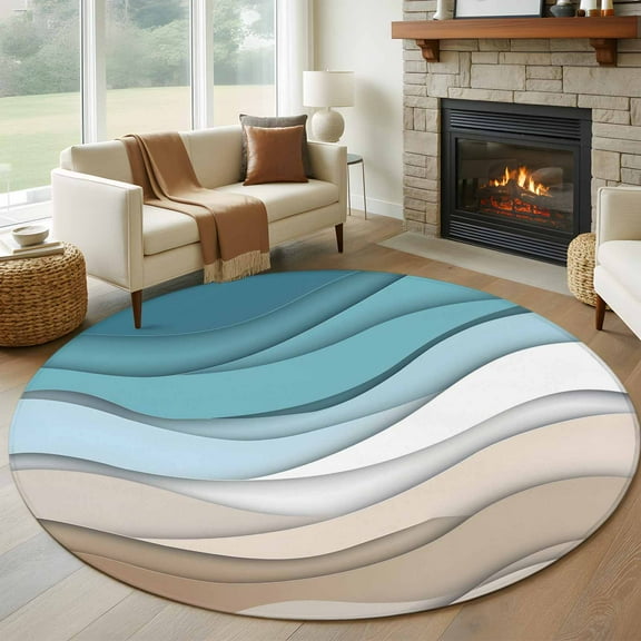 Turquoise Brown Round Area Rug 5 FT, Non Slip Bedroom Area Rug, Teal White Geometric Gradient Stripes Washable Soft Circular Carpet Non-Shedding Floor Mat for Kitchen Dining Room Foyer Balcony Dorm