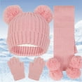 thumbnail image 2 of Women's Solid Color Jacquard Knit Hat Scarf Gloves Set, Three-Piece Winter Accessories with Double Pom Pom Beanie, Matching Knit Set for Cold Weather, Soft Thermal Winter Set for Women and Girls Pink, 2 of 3