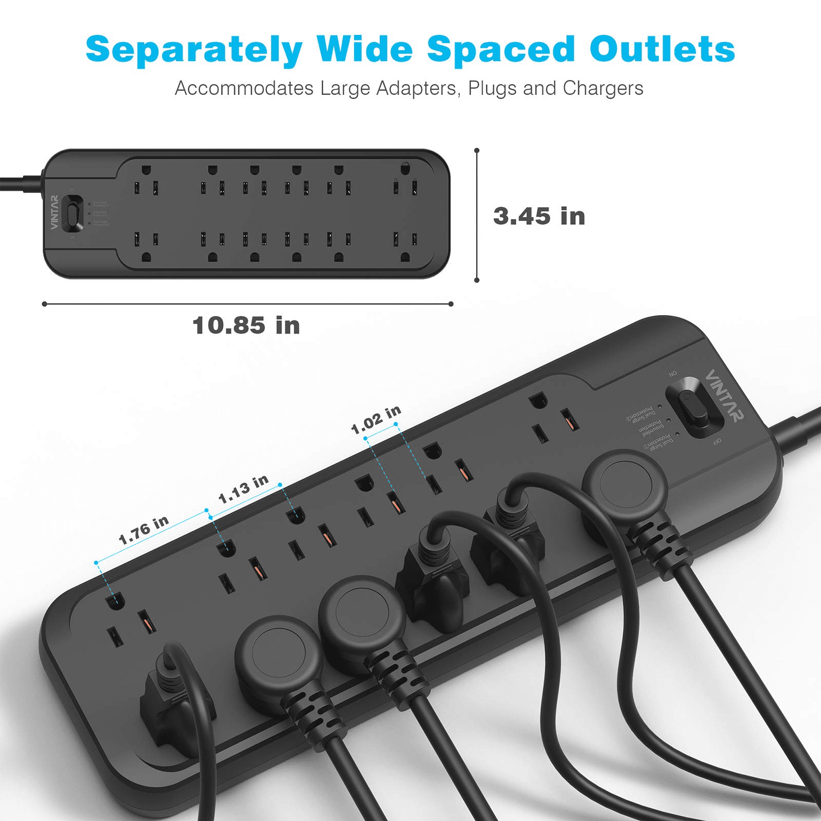 VINTAR 12 Outlets Power Strip Surge Protector with Dual Surge Protection, 6ft Long Extension Cord, 2 × 4800 Joules, 1875W, Black