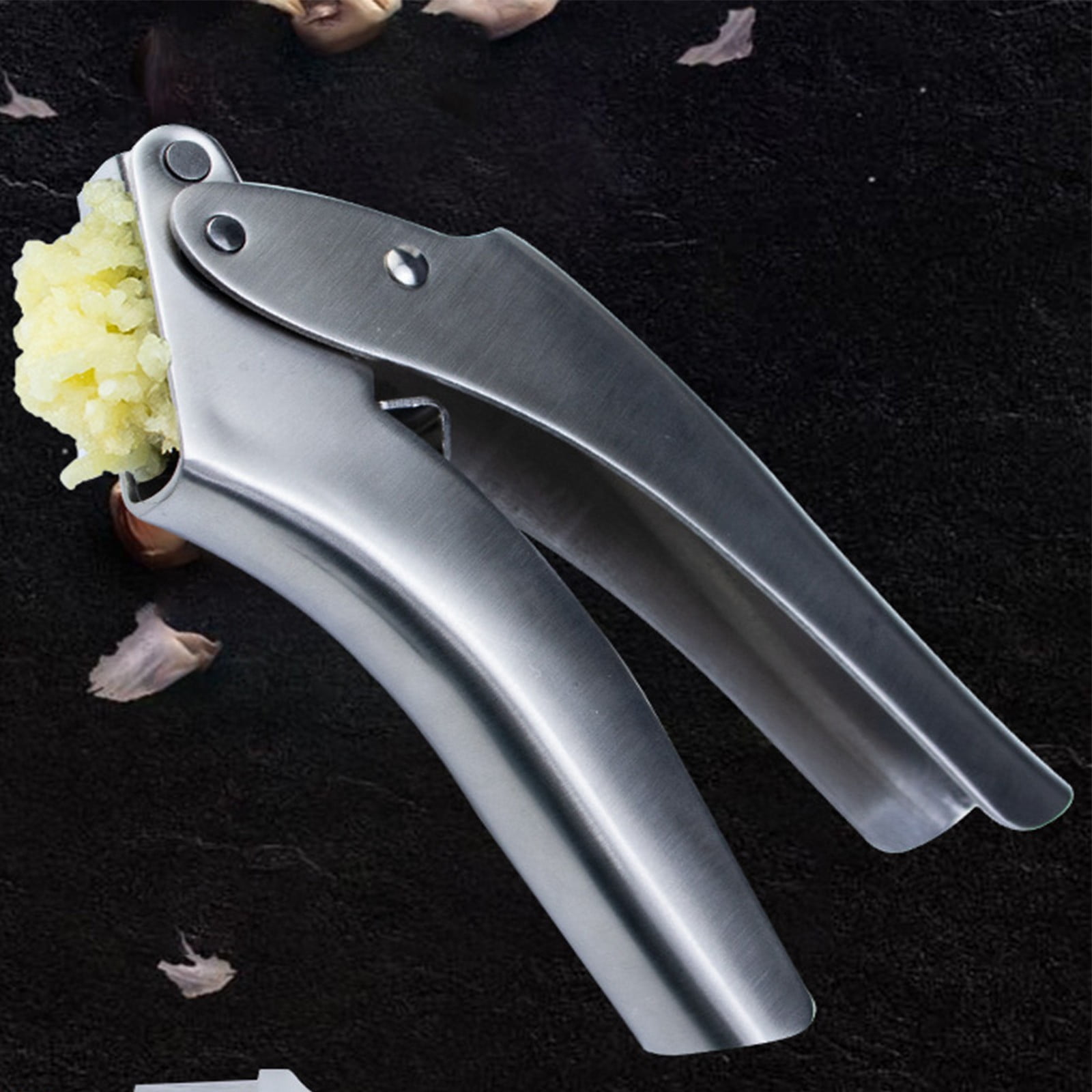 1x No Peeling Required Stainless Steel Garlic Press with Detachable Handle for Fine Mincing - Rust-Proof,Dishwasher Safe Garlic Crusher,Stainless Steel Mincer,Crusher & Brush Set,Easy to Clean,Silver
